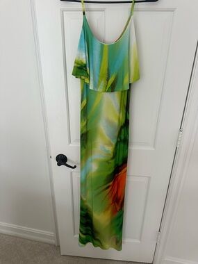 Green Tropical Print Maxi Dress